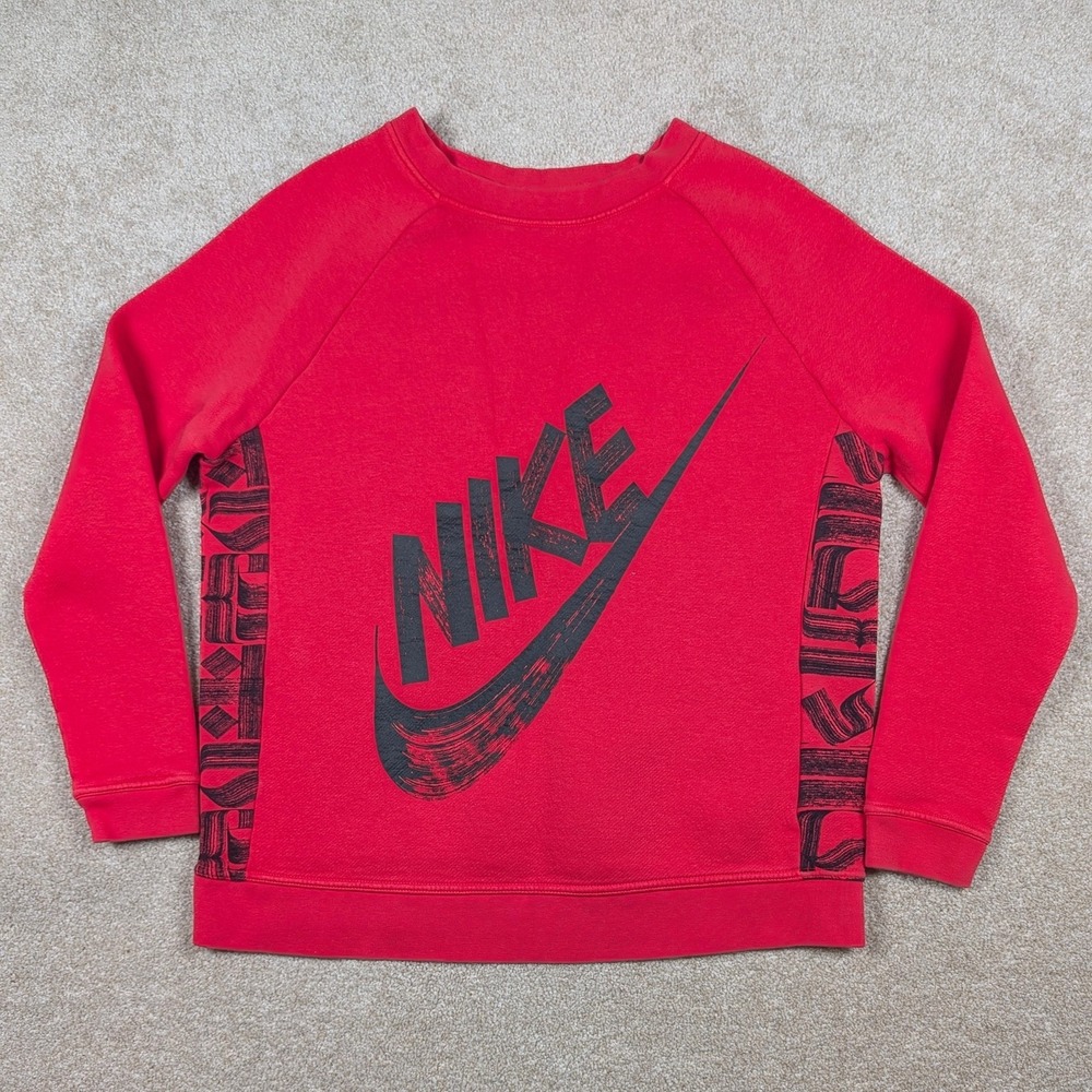 Nike Sweatshirt Youth Medium Red Fleece Pullover Big‎ Swoosh Logo Graphic Print